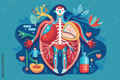 This vibrant illustration showcases the human circulatory system with detailed organs, surrounded by nature elements representing health and vitality
