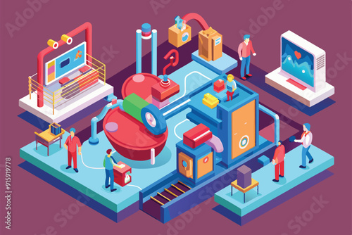A vibrant isometric illustration showcases a modern laboratory focused on the circulatory system, featuring scientists engaged in various research activities
