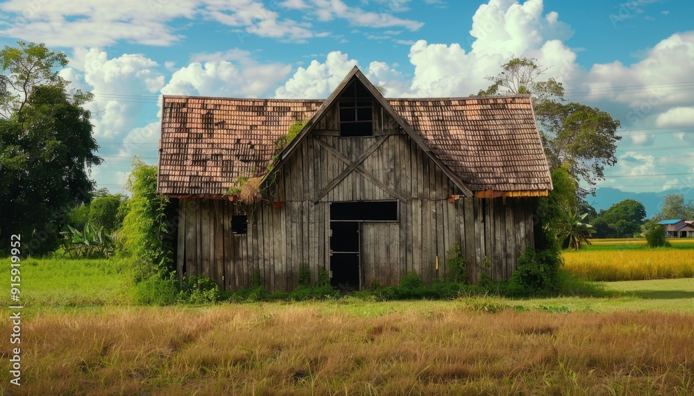 Abandoned wooden barn surrounded by lush fields under a bright blue sky during the day Abandoned wooden barn surrounded by lush fields under a bright blue sky during the day
