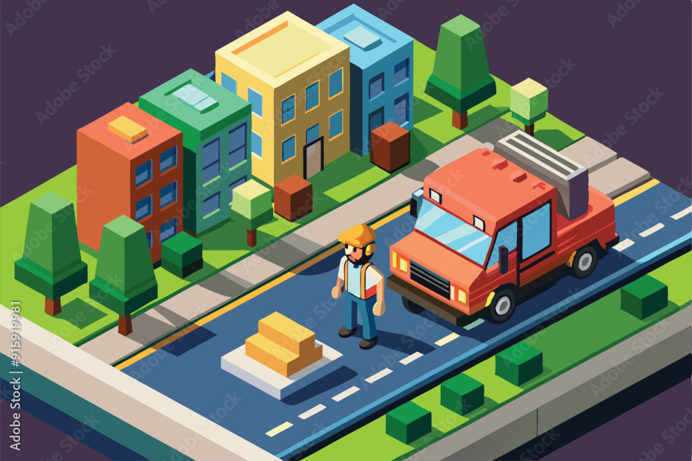 A customizable vehicle is parked on the street as a city driver stands nearby, surrounded by colorful buildings and green trees in a modern urban setting A customizable vehicle is parked on the street as a city driver stands nearby, surrounded by colorful buildings and green trees in a modern urban setting