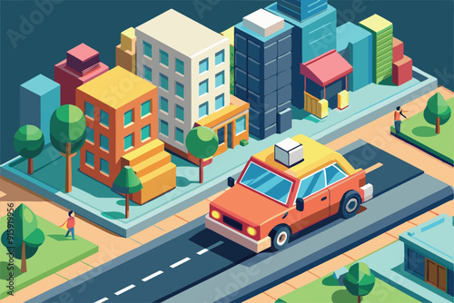 A colorful cityscape features a driver navigating the road in a customizable vehicle, surrounded by buildings, trees, and pedestrians