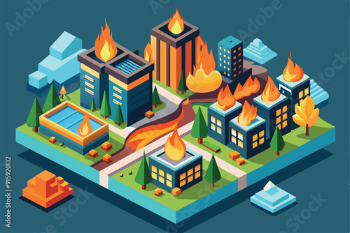 A vibrant isometric view depicts a burning cityscape, showcasing flames engulfing buildings amidst a chaotic urban environment