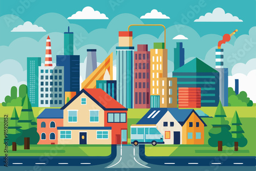 Colorful cityscape showcases a mix of houses, towering skyscrapers, and factories nestled among greenery under a clear blue sky