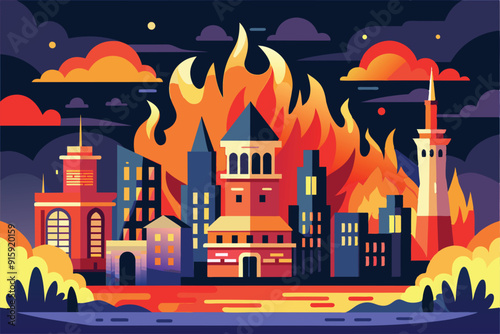 A vibrant city burns fiercely under a dark sky, with flames engulfing buildings and smoke filling the atmosphere, creating a striking visual contrast
