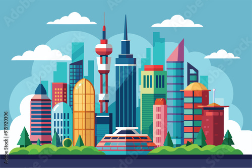 A vibrant city skyline showcases a variety of modern buildings and structures under a bright blue sky with fluffy clouds surrounding the scene