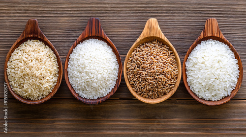 4 Wooden Bowls With Different Types Of Rice On The Table, Top View, 
