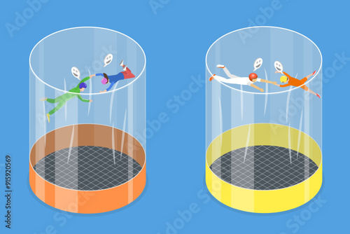 3D Isometric Flat Vector Illustration of Skydivers, Training in Indoor Wind Tunnel for Free Fall Simulation