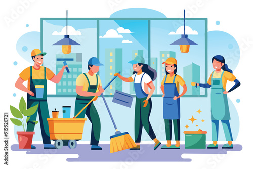 A diverse team of cleaning workers is busy cleaning and organizing the office space, ensuring it remains tidy and welcoming for employees