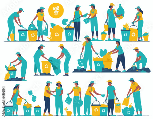 Characters Throw Covid Waste Used Masks and Gloves into Special Litter Bins and on Street. Janitors Collecting Garbage