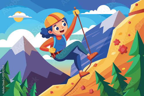 A climber enjoys the thrill of scaling a colorful mountain, surrounded by trees and under a bright sunlit sky