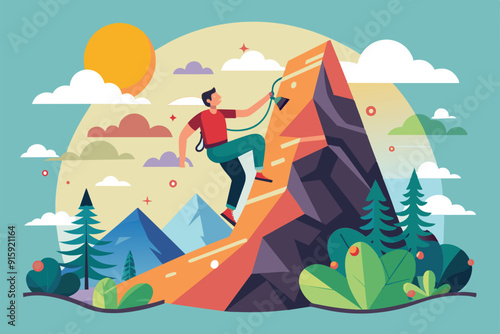 A climber ascends a rocky slope, surrounded by mountains, trees, and a bright sun, showcasing the thrill of outdoor adventure in an artistic style
