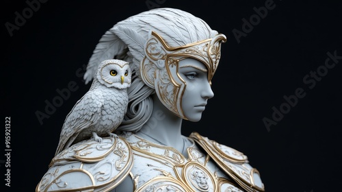 Majestic portrayal of Athena, the Greek goddess of wisdom and war, adorned in intricate armor with a wise owl perched on her shoulder, symbolizing knowledge and protection