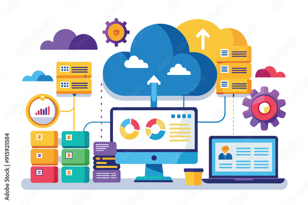 A workspace showcases cloud data management tools facilitating backup and big data analysis through various interconnected systems and visual elements