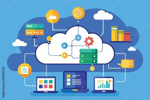 This visual represents cloud data management and synchronization systems connecting various devices and services for efficient data handling