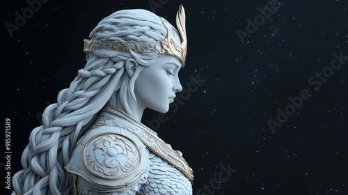 Frigg, the Norse goddess of fate, weaving the threads of destiny beneath a starlit sky, embodying the power of fate and the cosmos