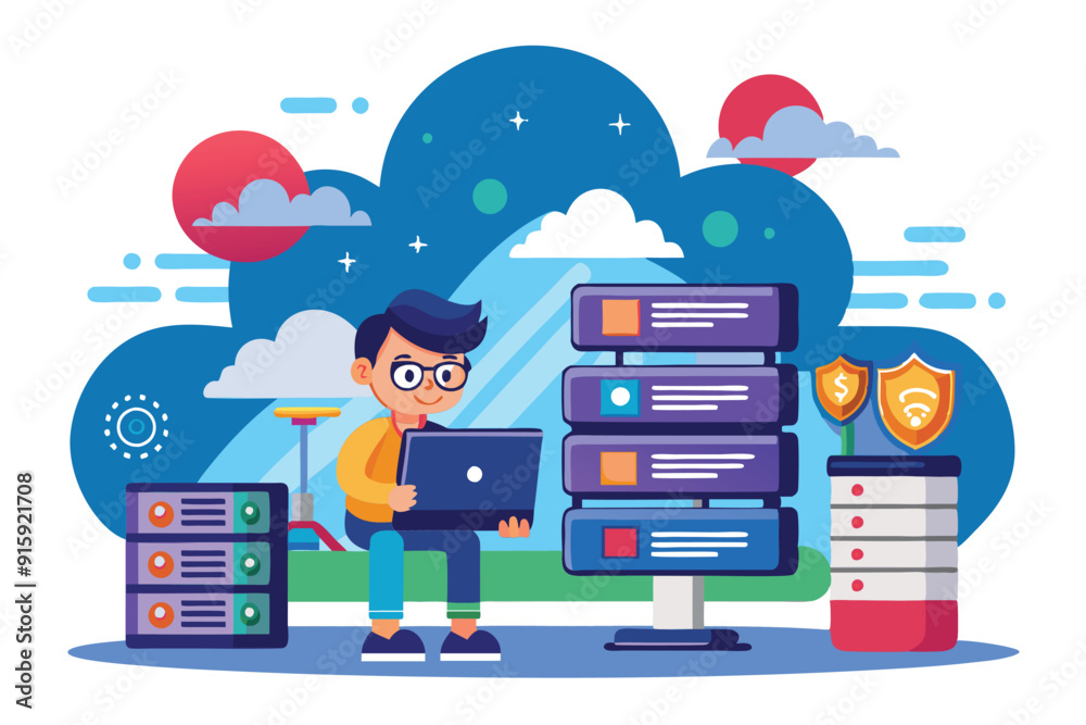 A person is engaged in cloud hosting activities, using a laptop surrounded by colorful servers and cloud graphics in a vibrant setting