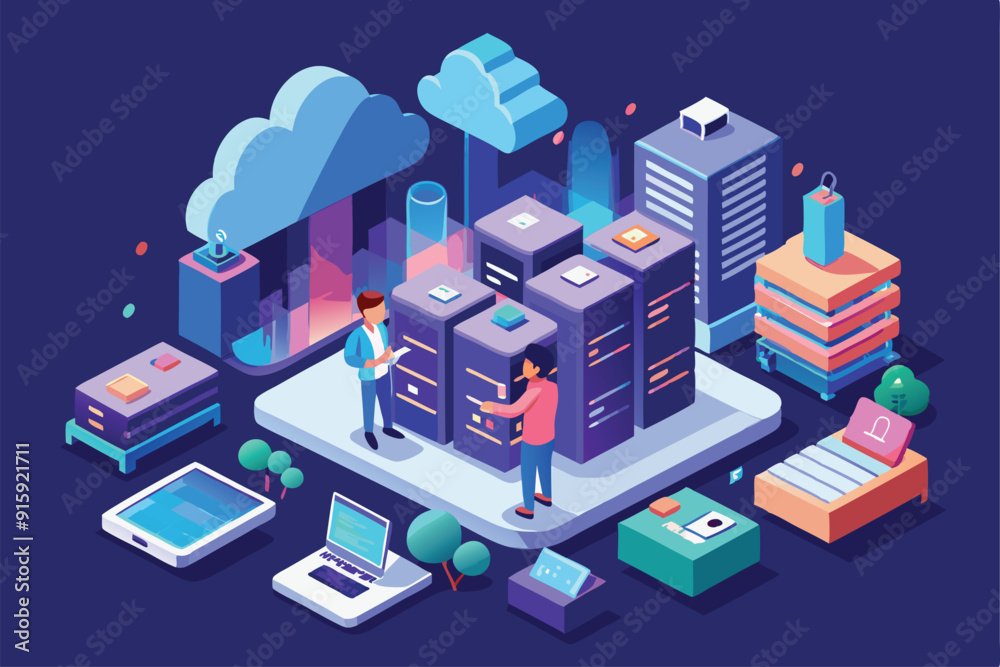 Two professionals discuss customizable cloud hosting options amidst server stacks and modern technology in a vibrant data center