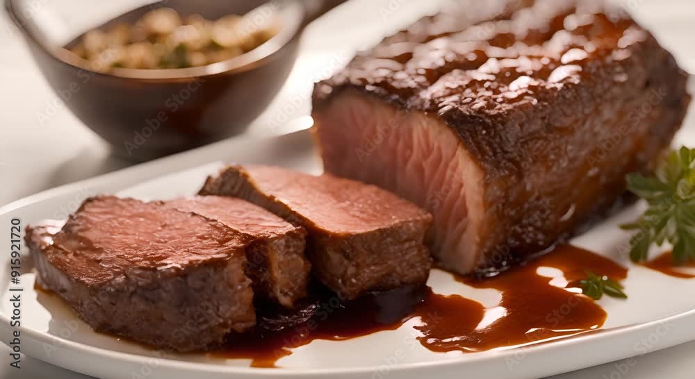 Macro closeup of cooked brown meat with a fatty texture on a white platter with a roasted bone in beef short ribs No one is in there 4k animation Macro closeup of cooked brown meat with a fatty texture on a white platter with a roasted bone in beef short ribs No one is in there 4k animation