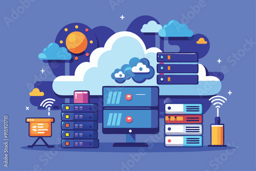 Various servers and cloud icons are depicted with a monitor, showcasing cloud hosting's customizable features against a vibrant sky