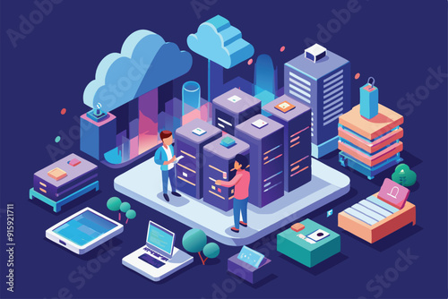 Two professionals discuss customizable cloud hosting options amidst server stacks and modern technology in a vibrant data center