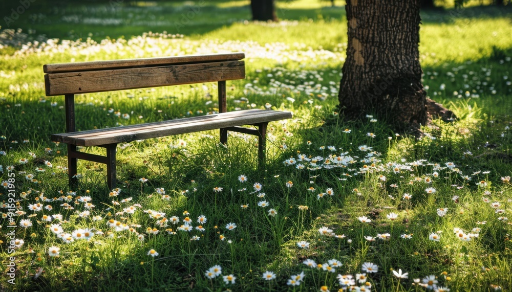 A rustic wooden bench surrounded by blooming daisies in a sunlit park during spring A rustic wooden bench surrounded by blooming daisies in a sunlit park during spring