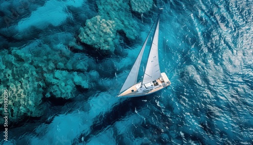 Sailboat gliding over vibrant coral reefs in clear turquoise waters during a sunny day