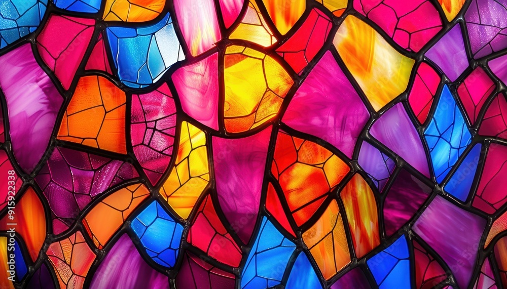 Vibrant stained glass window depicting a kaleidoscope of colors in a historic building