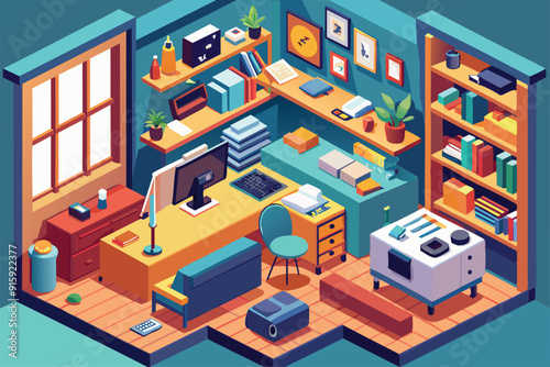 A detailed isometric view shows a cluttered home office with a desk, computer, bookshelves, and decorative plants, creating an inviting work environment