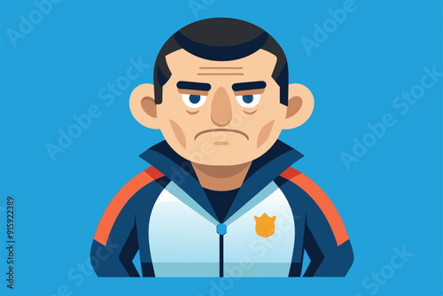 A determined coach in a blue tracksuit prepares to lead his team to victory with focus and enthusiasm at a local sports event