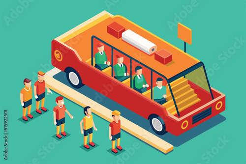 A colorful isometric illustration depicts a coach with passengers seated, while individuals wait nearby in an urban environment