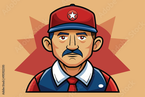 A cartoon-style coach with a cap and mustache stands confidently, ready to lead his team amid a bright, colorful background