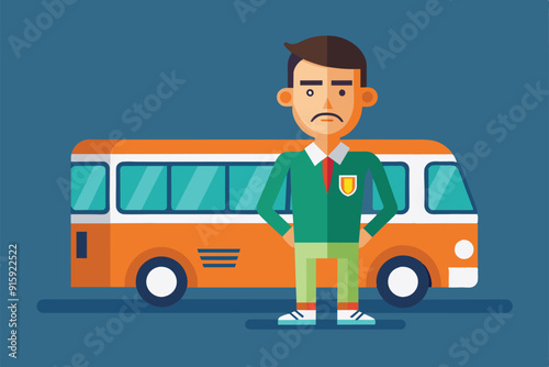 A coach stands confidently next to his bright orange bus, ready for the day's journey, showcasing a friendly and approachable demeanor