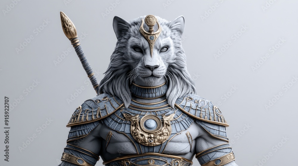 Fototapeta premium Noble feline warrior adorned in intricate gold and silver armor, embodying the strength, wisdom, and grace of a divine lioness-headed goddess