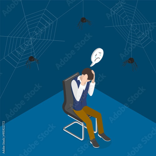 3D Isometric Flat Vector Illustration of Arachnophobia, Fear of Spiders
