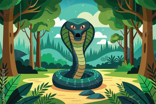 A cobra raises its hood on a forest path, surrounded by vibrant greenery under a bright sky, showcasing its distinct features in a tranquil environment