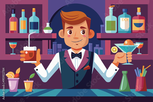 A cartoon bartender stands ready, holding a cocktail in one hand and a refreshing drink in the other, amidst a colorful bar filled with bottles