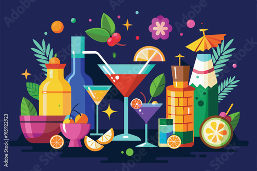 A vibrant array of cocktails and garnishes set against a dark background, perfect for a lively evening celebration with friends