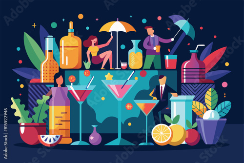 Guests mingle at a lively cocktail party with an array of colorful drinks and vibrant decorations, creating a cheerful atmosphere for socializing