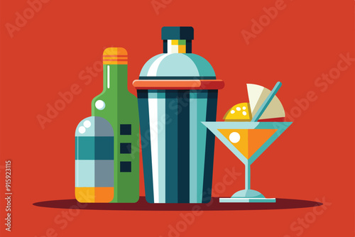 A colorful cocktail shaker, two bottles, and a refreshing drink are presented against a bright red backdrop, perfect for any bar setting