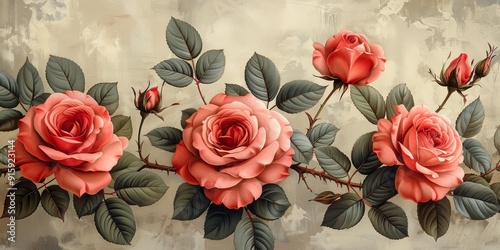 Wallpaper Mural Floral Decoration with Pink Roses, Grey Wall Background Torontodigital.ca