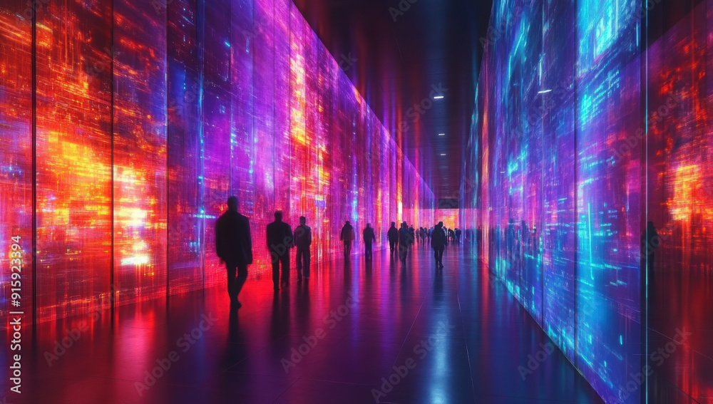 People walk through a dimly lit corridor with bright neon lights illuminating the walls.
People walk through a dimly lit corridor with bright neon lights illuminating the walls.