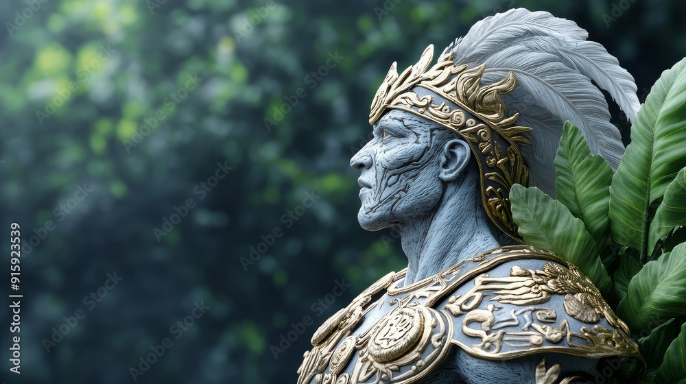 Aztec Warrior Wearing a Feathered Headdress and Ornate Gold Armor, Set Against a Lush Green Background, Symbolizing Strength and the Harmony of Nature Aztec Warrior Wearing a Feathered Headdress and Ornate Gold Armor, Set Against a Lush Green Background, Symbolizing Strength and the Harmony of Nature