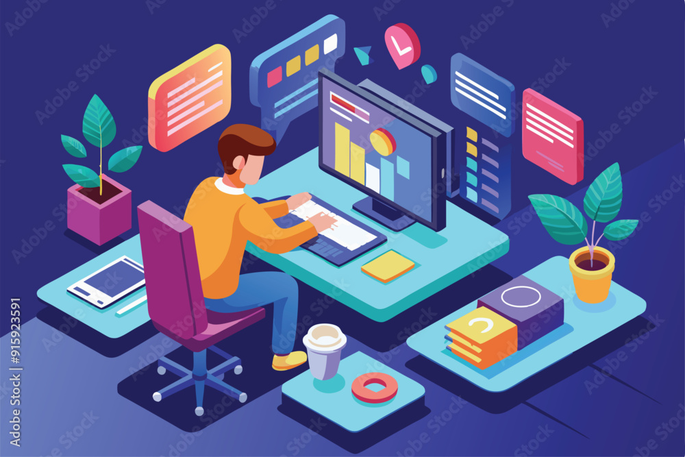 A developer focuses on coding while surrounded by plants, a computer monitor displaying data, and a coffee cup on their desk at night A developer focuses on coding while surrounded by plants, a computer monitor displaying data, and a coffee cup on their desk at night