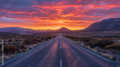 A scenic road stretching into a vibrant sunset over mountains and fields.