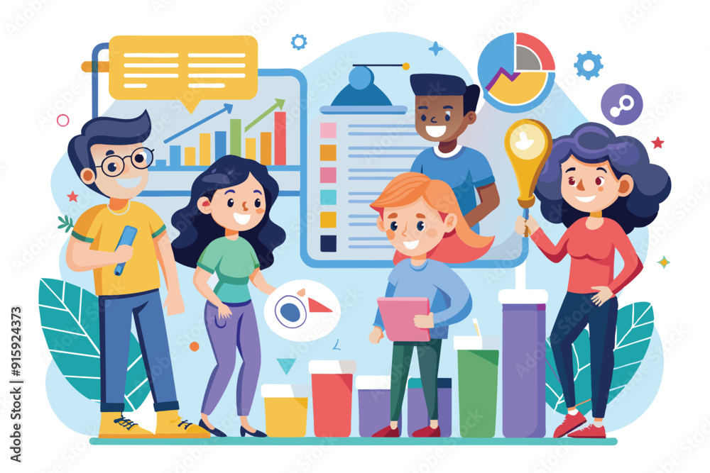 A group of diverse individuals collaborates on cohort analysis activities while presenting charts and graphs in a lively workspace A group of diverse individuals collaborates on cohort analysis activities while presenting charts and graphs in a lively workspace