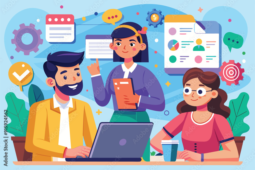 A team discusses ideas with a laptop and notebooks in a colorful office. They share insights while surrounded by cheerful decor and motivational graphics A team discusses ideas with a laptop and notebooks in a colorful office. They share insights while surrounded by cheerful decor and motivational graphics