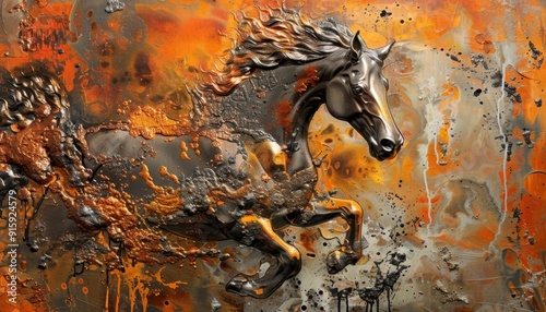 A dynamic metallic horse sculpture leaps across a vibrant orange and gray background