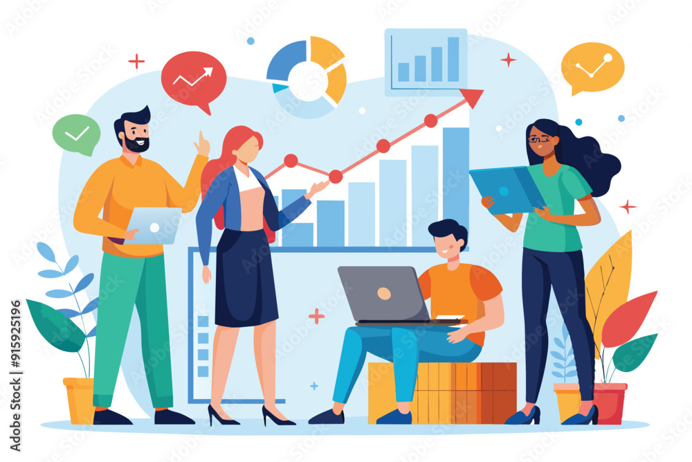 A group of colleagues analyzes growth charts and data trends while discussing strategies in a contemporary office setting A group of colleagues analyzes growth charts and data trends while discussing strategies in a contemporary office setting