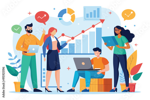 A group of colleagues analyzes growth charts and data trends while discussing strategies in a contemporary office setting