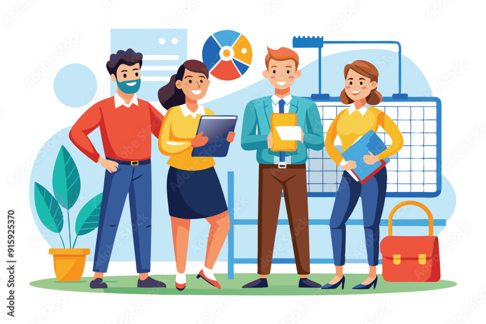Obraz premium A group of colleagues stands together, holding files and tablets while discussing project goals in a colorful office environment